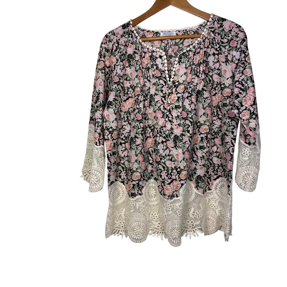 TAMSY Floral Top L Lace Pin tuck Boho Whimsical Fairy Softgirl Feminine